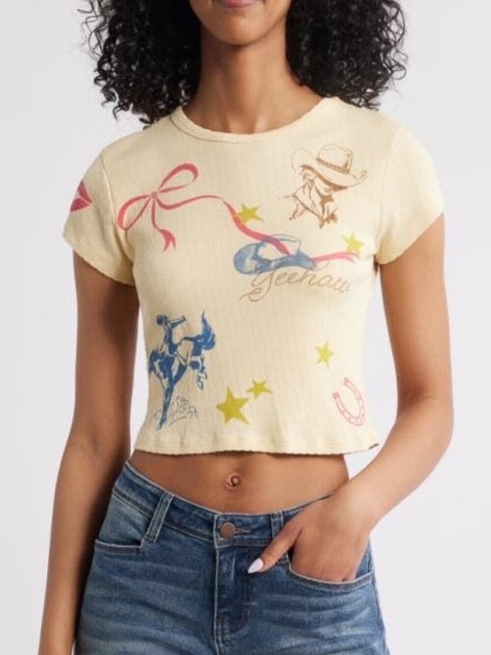 Daydreamer Western Flash Pointelle Baby Tee - Butter Yellow - Size Small